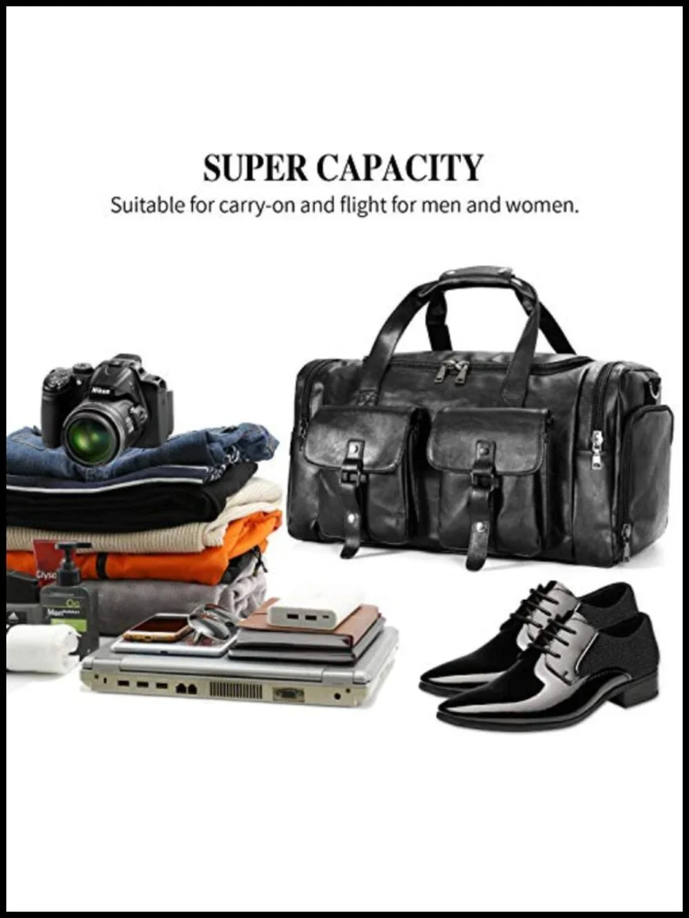 Travel Duffel Bag with Shoe Pouch, PU Leather Weekender Overnight Carry On Bag